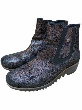Wolky Basky Iridescent Black Wedge Ankle Boots Suede Leather Size 39 Comfortable